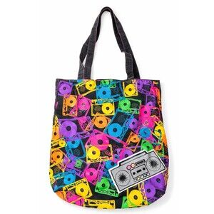 Retro Neon Cassette Tape Tote Bag DJ Boombox Print Colorful Shopper Bag